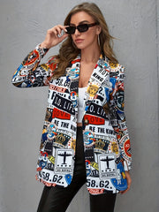 Graffiti Print Lapel Neck Blazer Casual Single Button Long Sleeve Blazer
