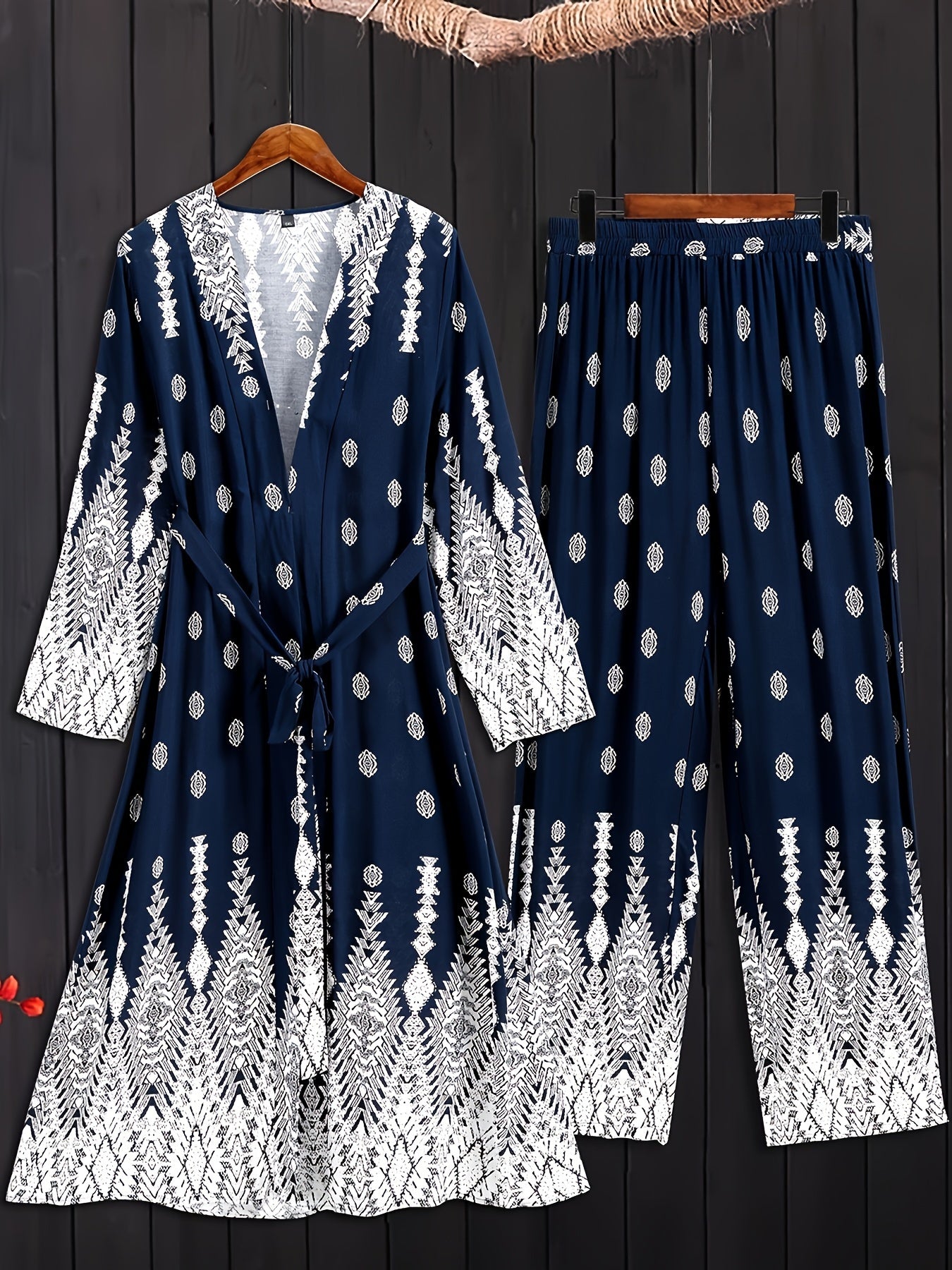 Boho Outfit Set Women's Plus Geo Print Cardigan & Pants Set