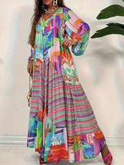 Patchwork Print Lantern Sleeve V Neck Maxi Dress