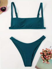 Rib Knit Bikini Set Back Buckle Backless High Cut Two Piece Swimsuit