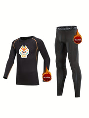 Kids Compression Fleece Sets Cartoon Pattern Long Sleeve Crew Neck Pullover