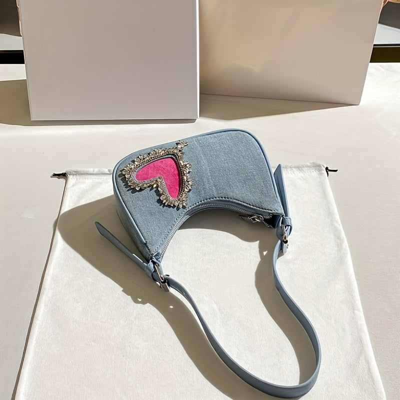Y2K Heart Shoulder Bag Denim Handbag for Women