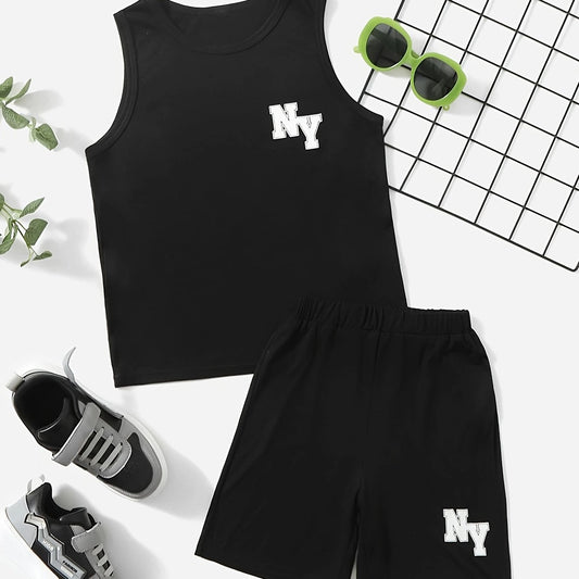 Boys NY Letter Graphic Tank Top & Shorts Set Kids Summer Clothes