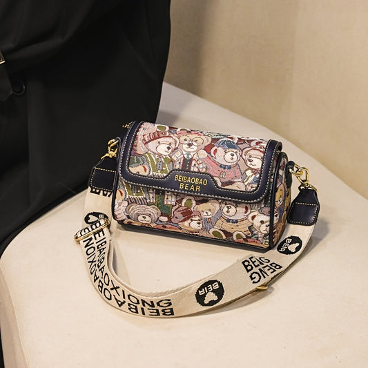 Small Bear Jacquard Shoulder Bag Cartoon Flap Cylinder Purse