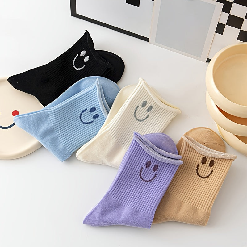 5 Pairs Smiling Face Print Socks Comfy & Breathable Women's Stockings