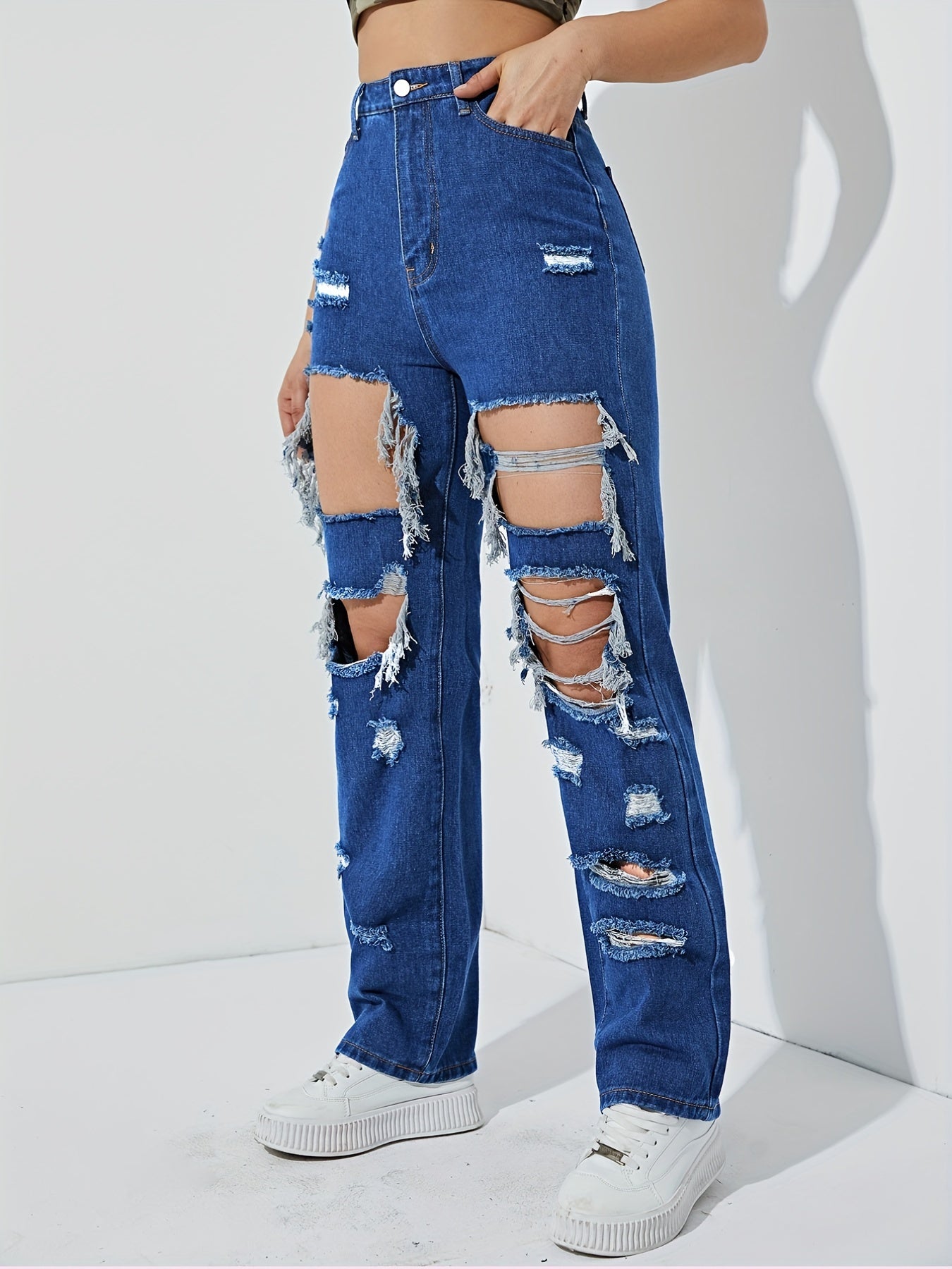 Destroyed Legs Ripped Distressed Denim Jeans Slim Fit