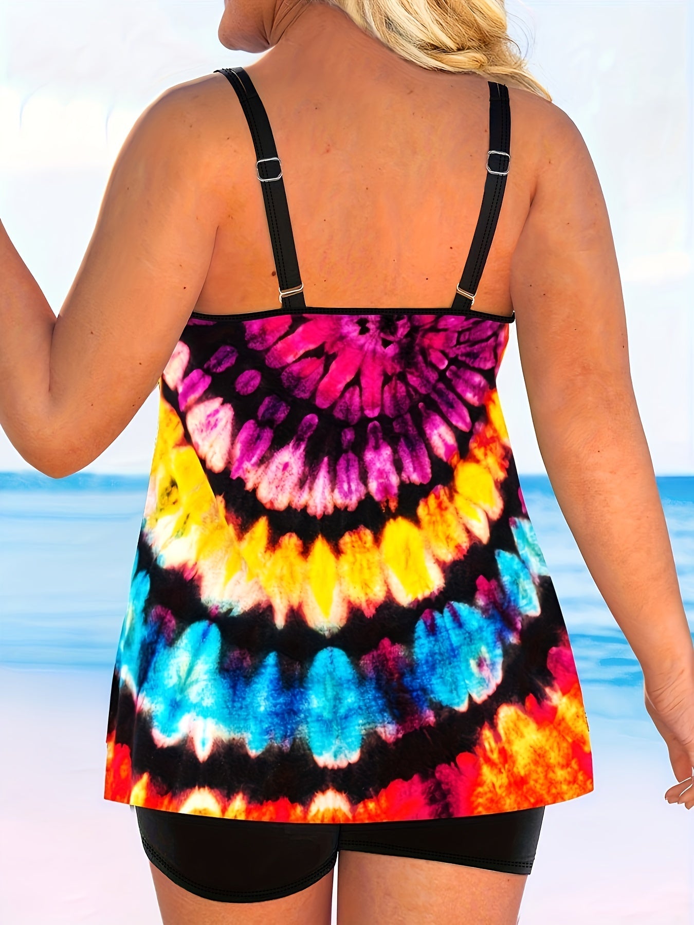Rainbow Tie Dye Tankini Set Round Neck Cami Top & Shorts Swimsuit