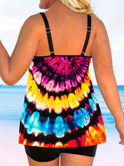 Rainbow Tie Dye Tankini Set Round Neck Cami Top & Shorts Swimsuit