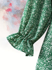 Ditsy Print Lantern Sleeve Peplum Top