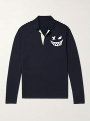 Evil Smile Pattern Knit Polo Shirt Men's Casual Lapel Middle Stretch V Neck