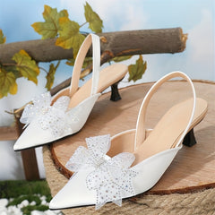 Mesh Bow-Kitten Heels Rhinestone Slingback Sandals