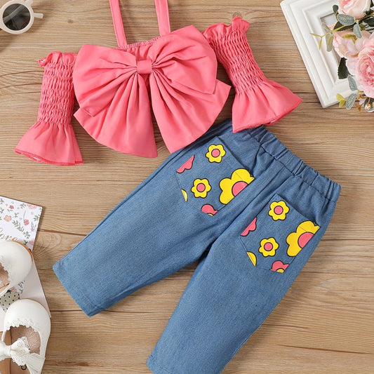 2pcs Baby Girls Suspender Outfit Set with Ruffle Bow Decor and Denim Pants