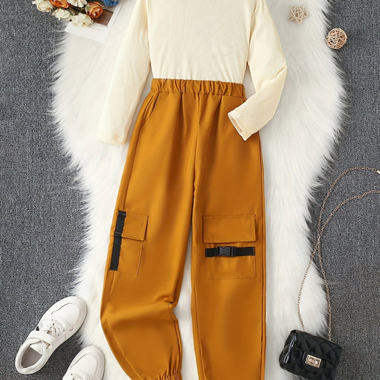 Girl's 2pcs Ribbed Top & Cargo Pants Set - Street Style