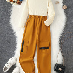 Girl's 2pcs Ribbed Top & Cargo Pants Set - Street Style