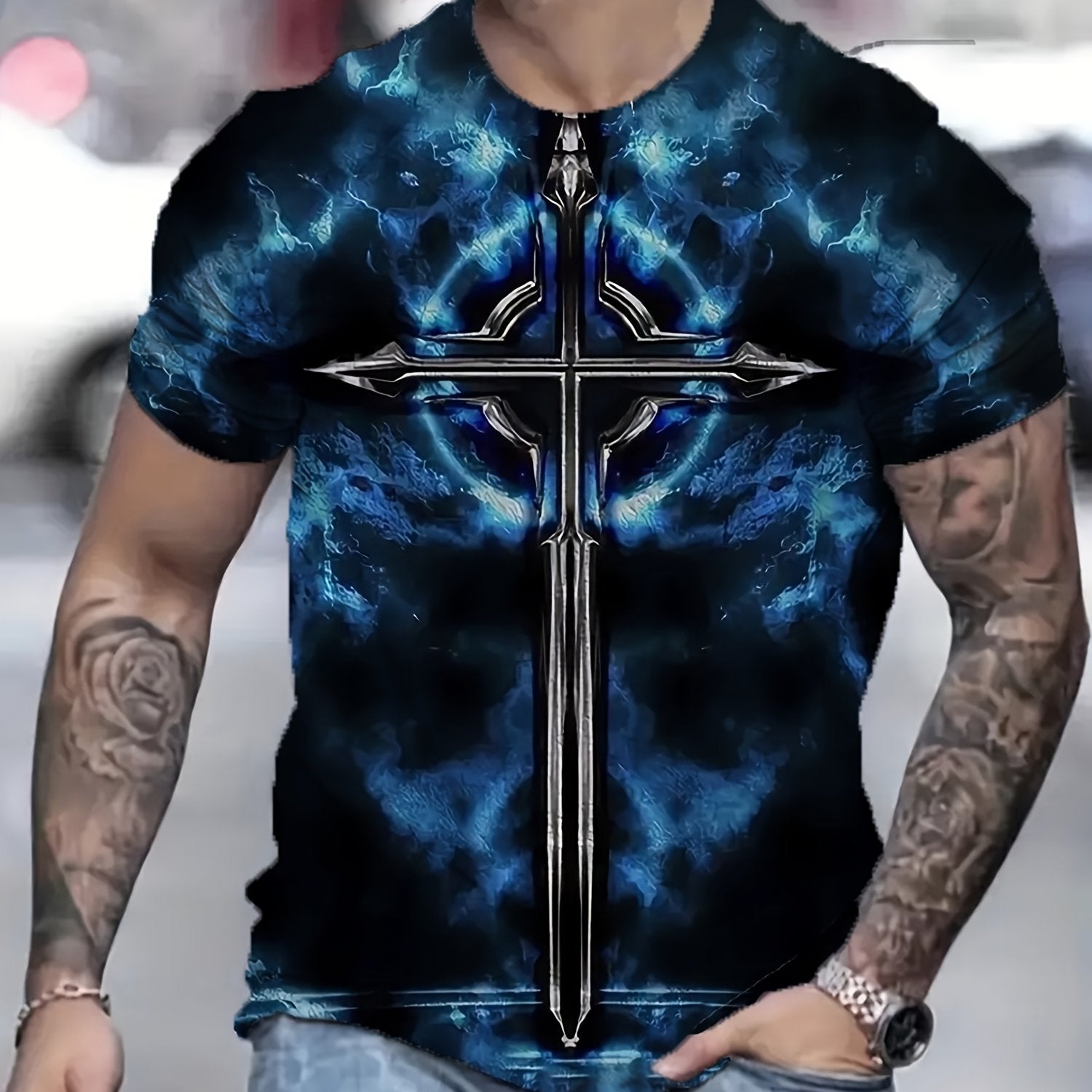 Men's Cross Pattern Sports T Shirt Round Neck Tee Shirt