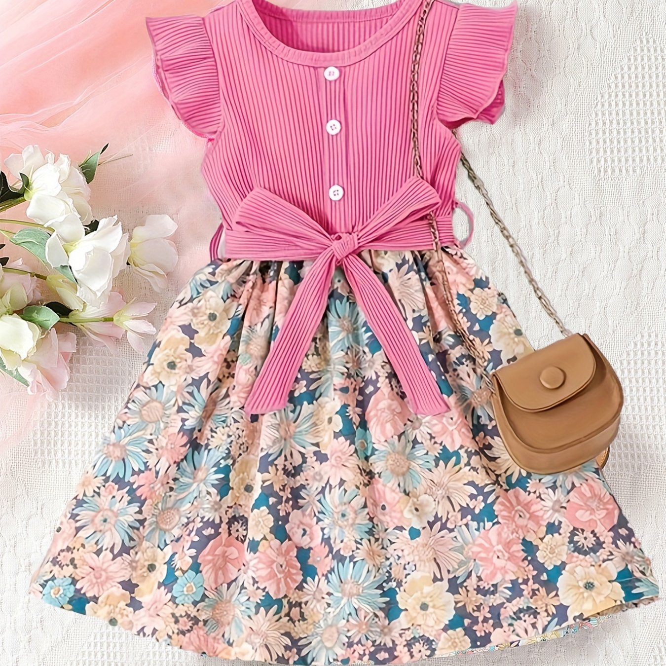 Toddler Girls Ruffle Trim Flowers Graphic Belted Spliced Princess Dress
