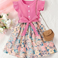 Toddler Girls Ruffle Trim Flowers Graphic Belted Spliced Princess Dress