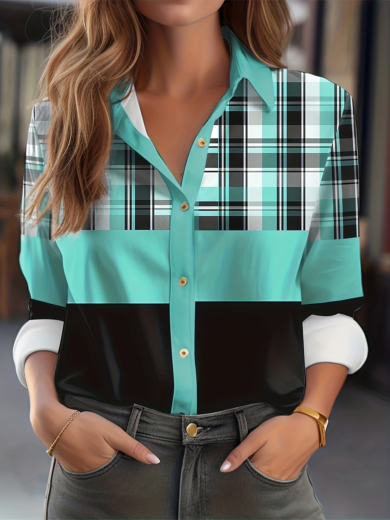Colorblock Plaid Print Button Up Collar Shirt