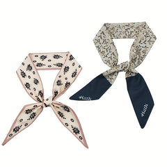 2pcs Beige & Green Skinny Scarf Long Ribbon Neckerchief Twilly Scarf