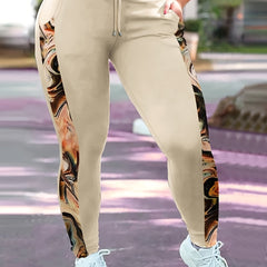 Women's Plus Size Sports Leggings with Contrast Print Waist and Pockets