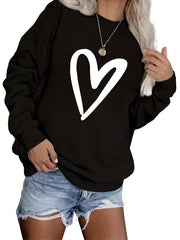 Heart Print Crew Neck Sweatshirt for Women