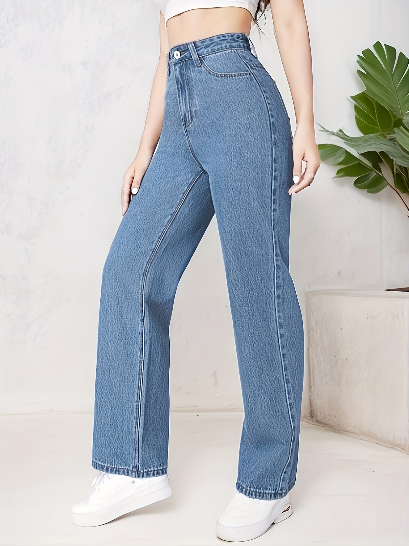 High Waist Straight Jeans Non Stretch Denim Pants