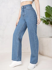 High Waist Straight Jeans Non Stretch Denim Pants