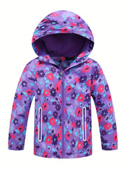 Toddler Girls Flowers Hooded Jacket Waterproof Windproof Zipper Coat