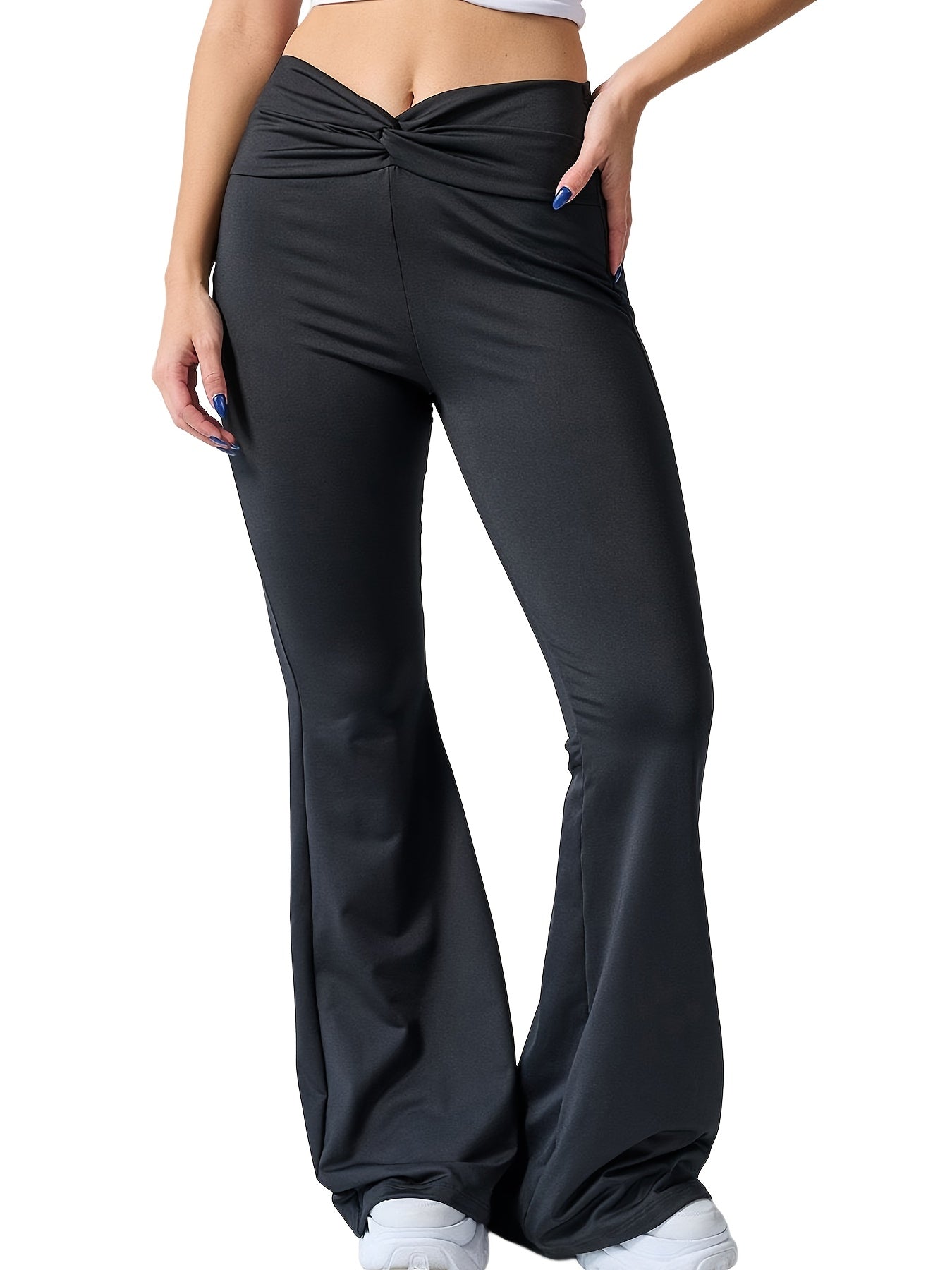 Ruched Waist Flare Leg Pants Solid Casual Workout Running Flared Leggings