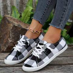 Women's Colorblock Plaid Slip On Low Round Toe Canvas Shoes