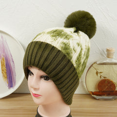 Tie Dye Fleece Pom Pom Beanie Hat Winter Warm Thick Knit Hat
