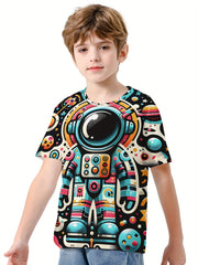 Cartoon Astronaut Print Boy's Tee Short Sleeve Crew Neck Comfy T shirt
