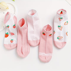 5 Pairs Strawberry Print & Striped Ankle Socks Women's Stockings