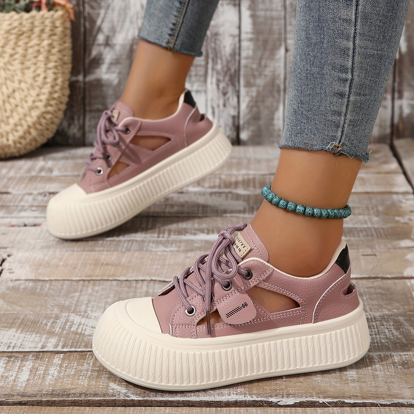 Women's Cutout Platform Sneakers Lace Up Low Top Shoes