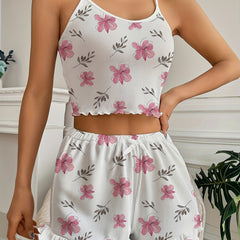 Floral Print Ruffles Pajamas Set Cami Top & Bow Shorts Women's Lingerie