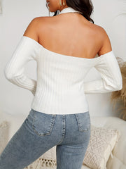 Sexy Ribbed Knit Cold Shoulder Halter Sweater