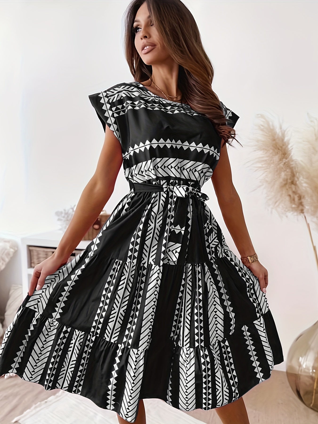 Ethnic Print Cap Sleeve Dress Crew Neck Midi Dress Women's Clothing