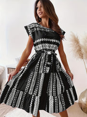 Ethnic Print Cap Sleeve Dress Crew Neck Midi Dress Women's Clothing