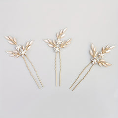3pcs Rhinestone Flower & Leaf Hair Pin Bridal Wedding Accessory