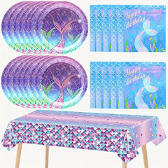 Mermaid Party Tableware Set for 20 Guests - Dinner Plates, Napkins, Tablecloth