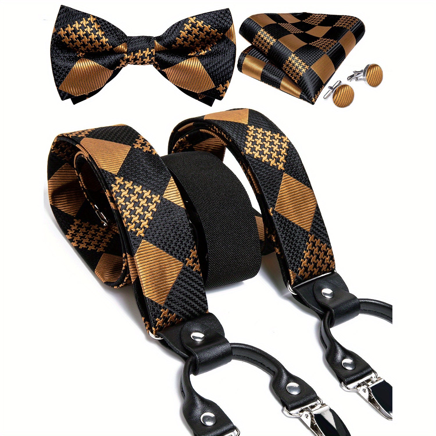 Men's Silk Suspenders Set Adjustable Braces Vintage 6 Clip Trousers Strap