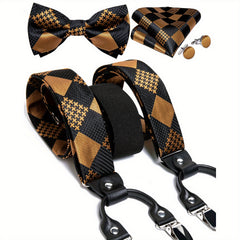 Men's Silk Suspenders Set Adjustable Braces Vintage 6 Clip Trousers Strap