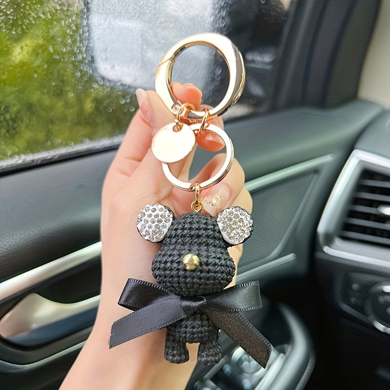 Artificial Diamond Key Chain with Rhinestone Woolen Bear Inlay
