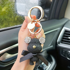 Artificial Diamond Key Chain with Rhinestone Woolen Bear Inlay