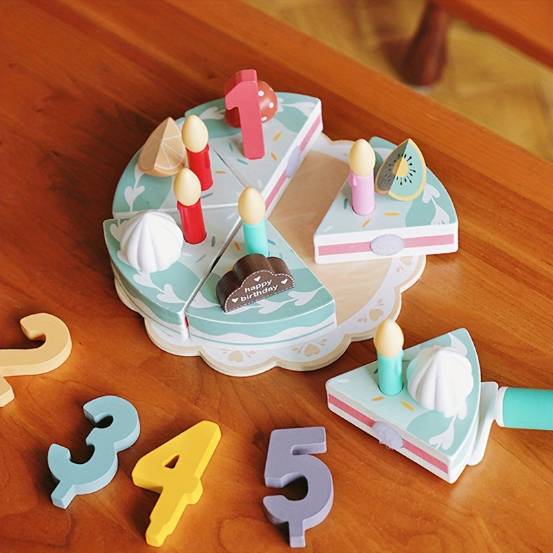 Wooden Birthday Cake Toy Set with Fruit Cream Numbers 1-5 and Candles