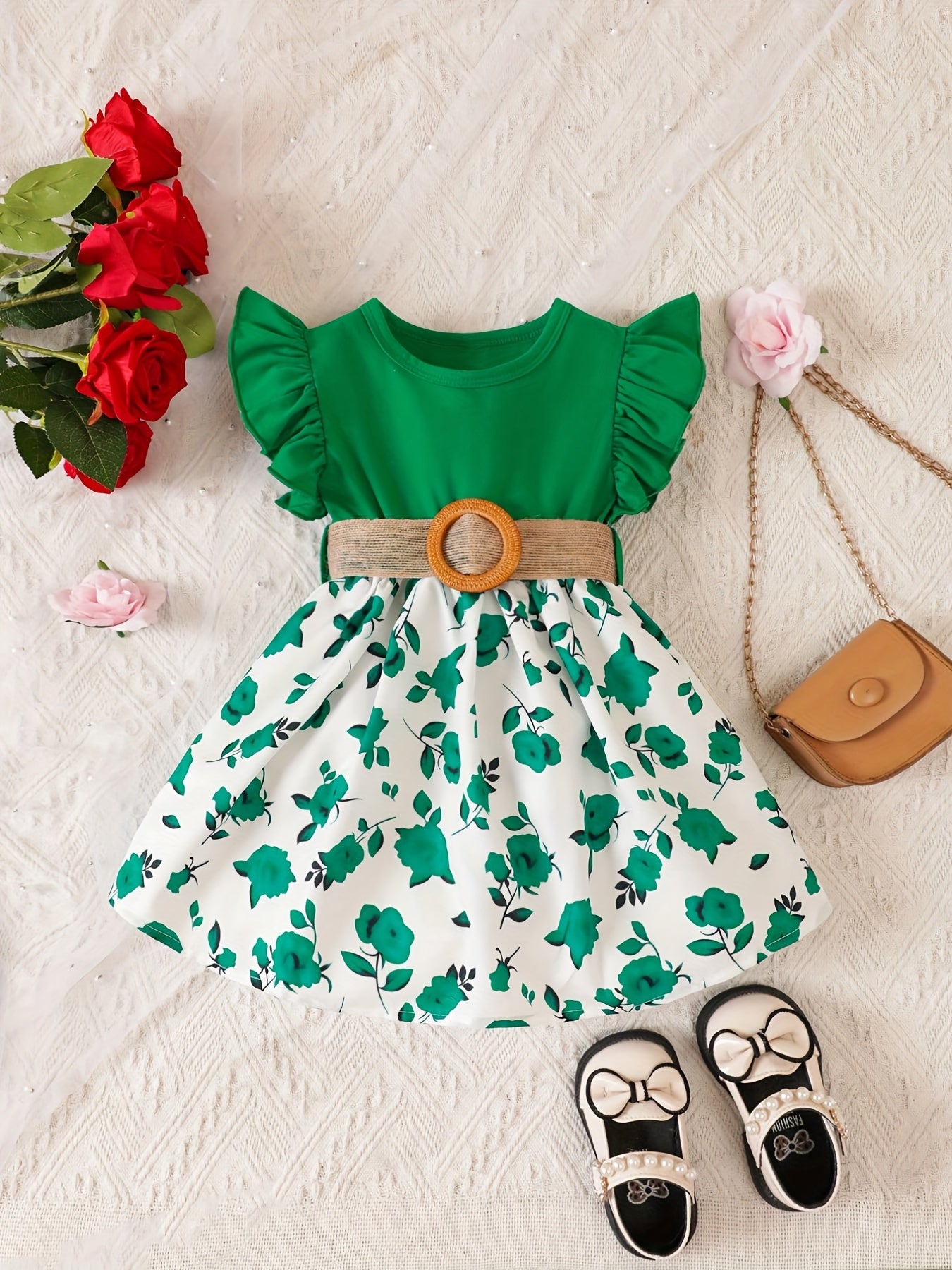 Girls Floral Print Belted Dress Flutter Sleeve Fancy Party Costume