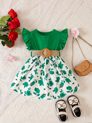 Girls Floral Print Belted Dress Flutter Sleeve Fancy Party Costume