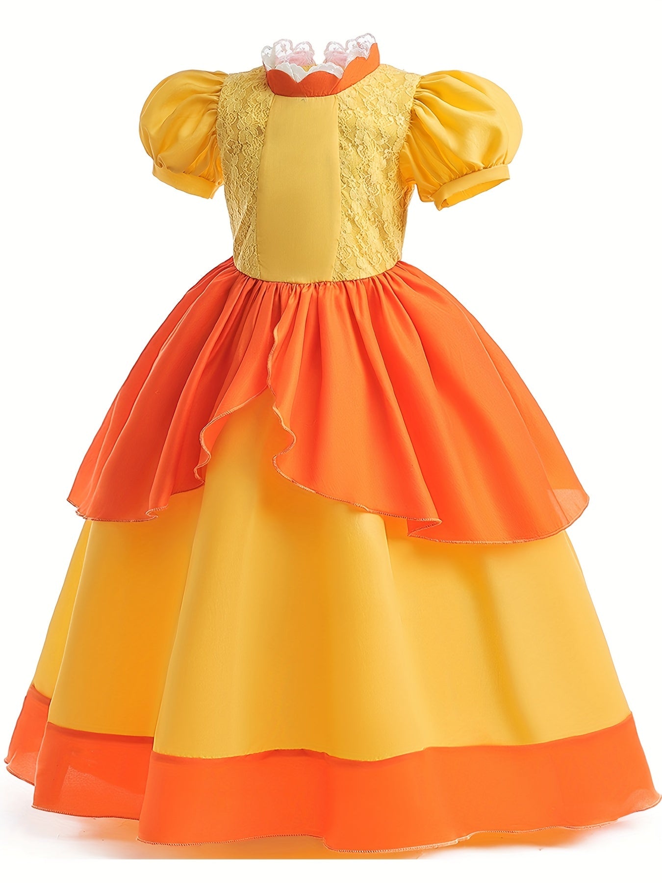 Girls Princess Dress Frill Neck Puff Sleeve Ruffle Skirt Lace Decoration