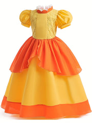 Girls Princess Dress Frill Neck Puff Sleeve Ruffle Skirt Lace Decoration