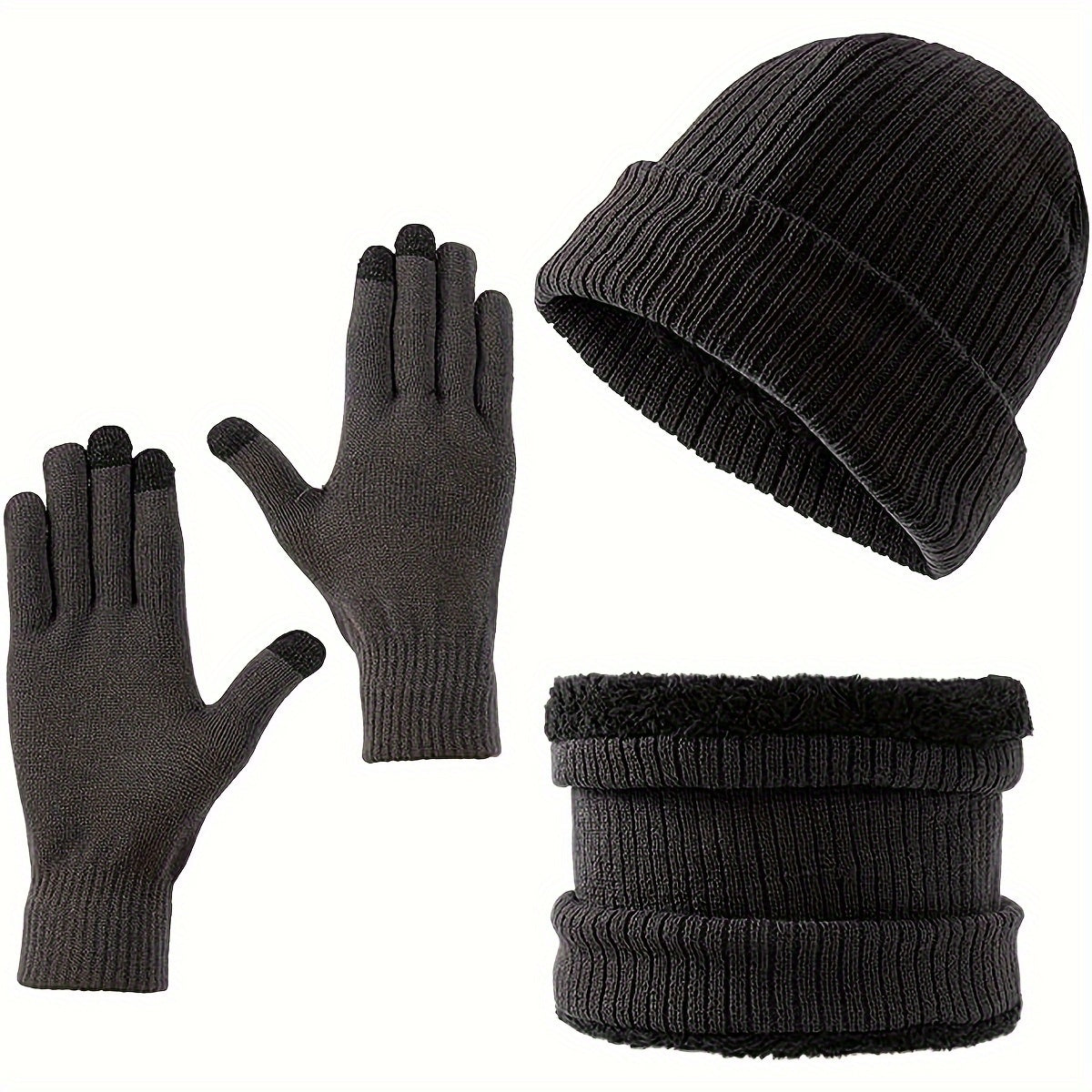 3 Piece Set Winter Scarf Gloves Hat Plus Velvet Knitted Warm Solid Breathable